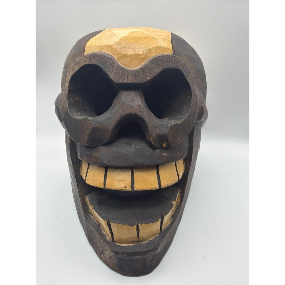 Hand Carved Wooden Skull Mask Two Tone Decorative Tribal Folk Art Sculpture